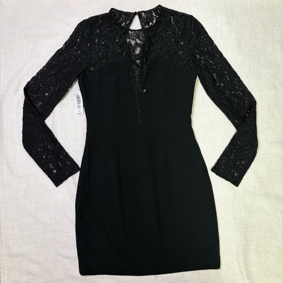 Babaton Aritzia NWT Masaki Dress Black Lace Long Sleeve Deep V-Neck Keyhole Back - Picture 2 of 10